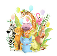 Group Of African Safari Animals Celebrating Birthday Or Other Party Event, Congratulation Greeting Card For Kids. Children 3d Cartoon With Zebra Elephant Lion Giraffe Hippo Kangaroo Croc. Vector Card.