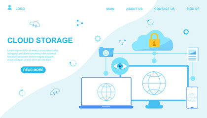Poster - The concept of Accessing to files and data from various devices using cloud storage services. Web page template. Colored vector illustration