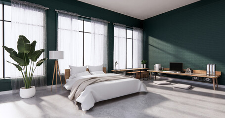 Wall Mural - Bedroom interior loft style with frame on green wall brick. 3D rendering