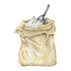 Watercolor sack with pile of flour and metal scoop