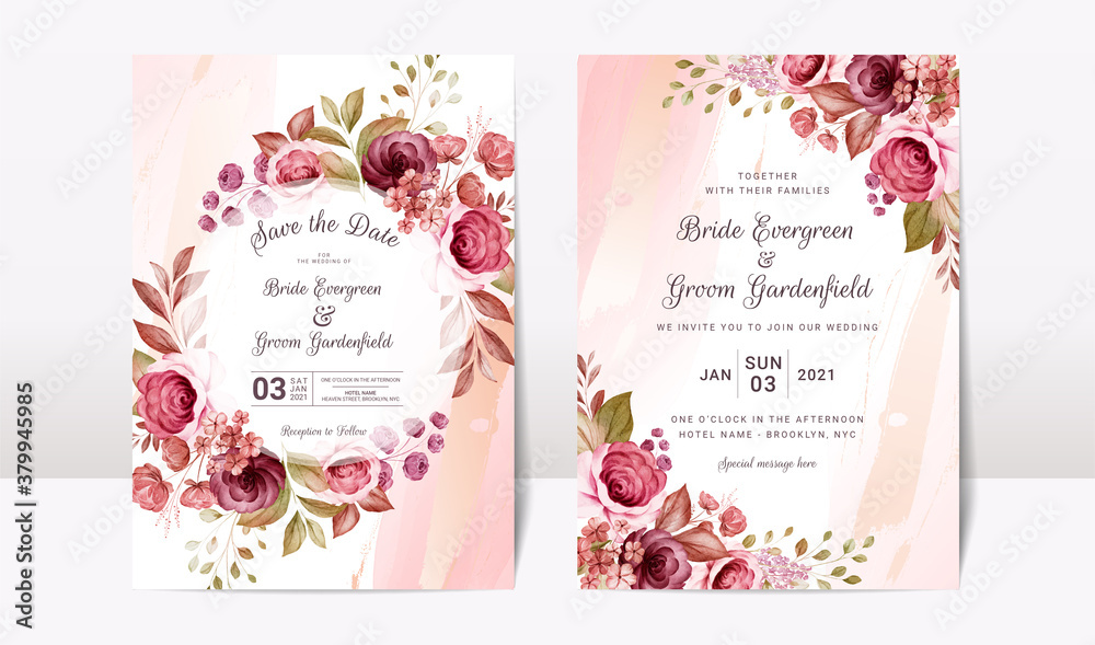 Floral wedding invitation template set with elegant burgundy and brown ...