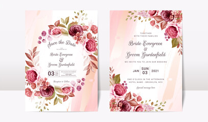 Wall Mural - Floral wedding invitation template set with elegant burgundy and brown roses flowers and leaves decoration. Botanic card design concept