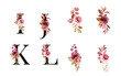 Watercolor floral alphabet set of I, J, K, L with red and brown flowers and leaves. Flowers composition for logo, cards, branding, etc
