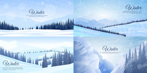 Wall Mural - Vector illustration. Flat winter landscape. Simple snowy backgrounds. Snowdrifts.  Snowfall. Clear blue sky. Blizzard. Snowy weather. Winter season. Panoramic wallpapers. Set of backgrounds.