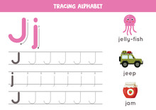 Tracing Alphabet Letter J With Cute Cartoon Pictures.