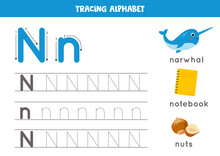 N Is For Narwhal, Notebook, Nuts. Tracing English Alphabet Worksheet.
