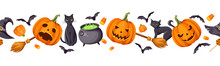 Vector Halloween Horizontal Seamless Border With Jack-o-lanterns (pumpkins), Cats, Bats, Cauldron, Hat, Brooms And Candy Corns.