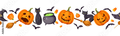 Fotografía Vector Halloween horizontal seamless border with jack-o-lanterns (pumpkins), cats, bats, cauldron, hat, brooms and candy corns