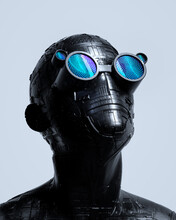 Portrait Of Silver Robot Wearing Illuminated Headset