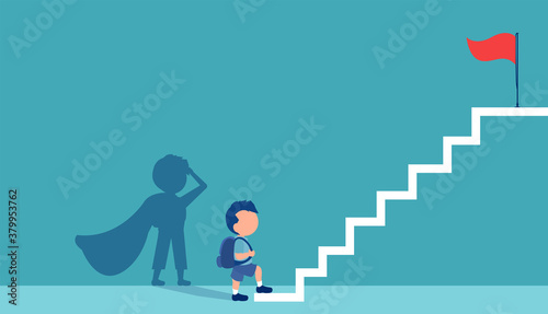 Cuadros en Lienzo Vector of a boy with a super hero shadow climbing up stairs to reach his goal on