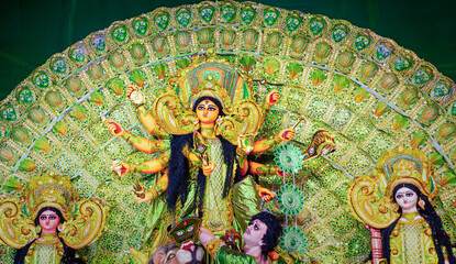 Close up view of Maa Durga's Face during Durga Puja festival. Durga Puja or Durgotsava,is an annual Hindu festival celebrated mainly in West Bengal,India.