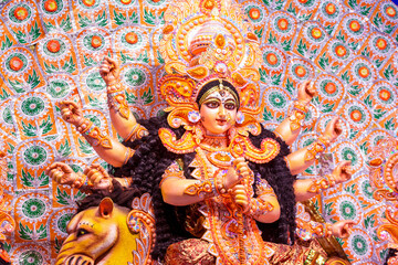 Close up view of Maa Durga's Face during Durga Puja festival. Durga Puja or Durgotsava,is an annual Hindu festival celebrated mainly in West Bengal,India.