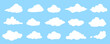 Set of White Flat Cloud Icons Isolated on Blue Background