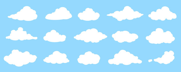 Wall Mural - Set of White Flat Cloud Icons Isolated on Blue Background