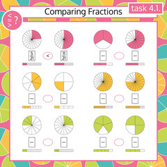 comparing fractions mathematical worksheet set. math puzzle. educational game.