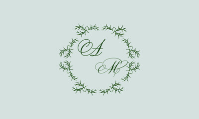 Decorative botanical logo with one or two letters (A, M). Elegant floral monogram for wedding, invitation, label, business.