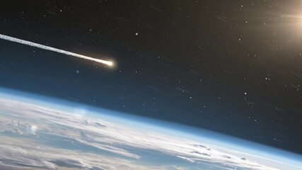 Wall Mural - asteroid meteor above clouds and atmosphere earth meteor burning on fire while entering earth blue a