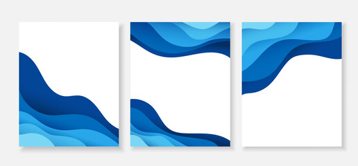 Wall Mural - Blue ocean wave flowing curve banner set design poster vector abstract background