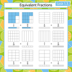 equivalent fractions mathematical worksheet set. coloring book page. math puzzle. educational game.