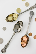 Money Coins In Spoons, Concept For Food Prices