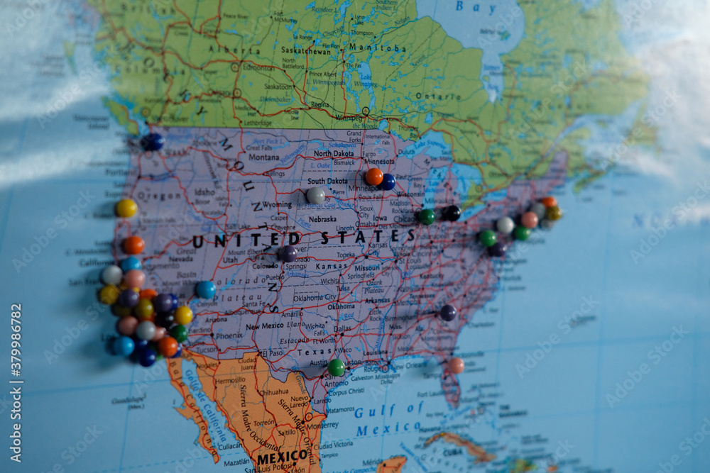 Pins in a map of North America. Stock Photo | Adobe Stock