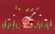 © NuTz - Merry Christmas and Happy New Year, Red house in the pine forest with Santa Claus, 3d rendering