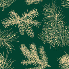 Wall Mural - Botanical seamless pattern with conifers. Christmas print. Vector illustration. Green background and golden pattern.