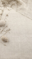 Wall Mural - Empty linen cloth background with dried grasses. Natural washed linen fabric with copy space.