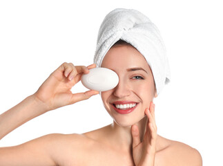 Wall Mural - Beautiful young woman with soap bar on white background