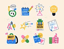 Back To School Collection Of Badges For Students With School Supplies. Vector Illustration