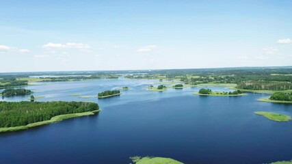 Wall Mural - Aerial bird-eye view of summer lake. Drone shot on summer lake. 
