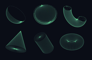 Poster - Set of 3d solids made of grid: cone, torus, cylinder, sphere. Collection of vector elements in futuristic sci-fi style.