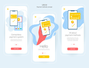Payment Ux/UI onboarding web page templates. Wireless payment with smartphone. Hand holding phone, POS terminal. Banners for website, mobile app. Minimalist design, app interface template