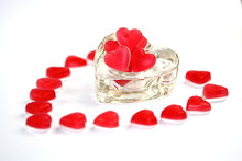 Heart Shaped Candy Sweets In Heart Shaped Dish On White Background