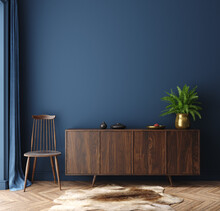 Commode With Chair And Decor In Living Room Interior, Dark Blue Wall Mock Up Background, 3D Render