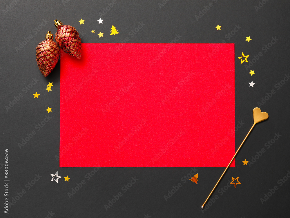 Beautiful Christmas decorations with empty card on dark background