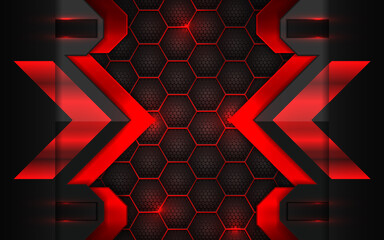 Poster - Abstract technology background with red and black metal texture on hexagon shape composition. Futuristic light vector graphic. Layout design template for corporate banner, web, wallpaper, presentation