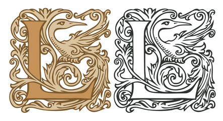 Wall Mural - Initial letter L with vintage Baroque decorations. Two vector uppercase letters L in beige and black-white colors. Beautiful filigree capital letter to use for monogram, logo, emblem, card, invitation