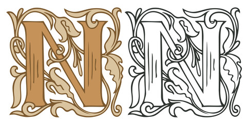 Wall Mural - Initial letter N with vintage Baroque decorations. Two vector uppercase letters N in beige and black-white colors. Beautiful filigree capital letter to use for monogram, logo, emblem, card, invitation