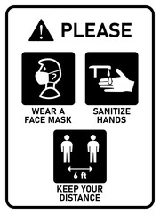 Poster - Vertical Instruction Signboard with Basic Set of Measures against the Spread of Coronavirus Covid-19 including Wear a Face Mask, Sanitize Hands and Keep Your Distance 6 ft or 6 Feet. Vector Image.