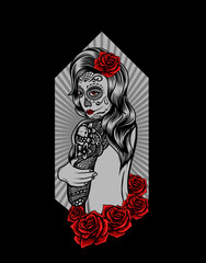 Illustration vector sugar skull woman with tattoo in hand and rose flower.