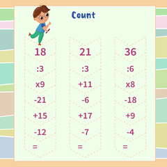 Math game for children. count the chain of actions and write down the result