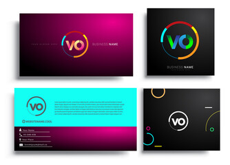 Letter VO logotype with colorful circle, letter combination logo design with ring, sets of business card for company identity, creative industry, web, isolated on white background.