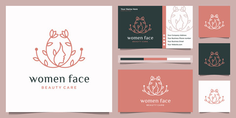 Wall Mural - Woman face combine with leaf logo design and business card.