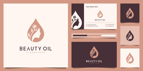 Wall Mural - Beauty women and oil negative space logo concept. Feminine logo design and business card template.