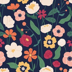Aufkleber - Colorful blooming flowers seamless pattern. Elegant botanical wallpaper template vector flat illustration. Romantic decorative blossom. Herbal plants with leaves and stem design textile print