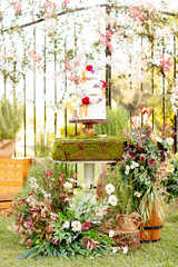 Beautiful rustic garden wedding setup in the morning