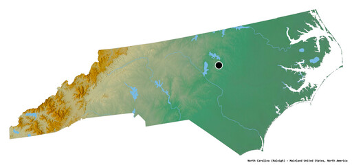 North Carolina, state of Mainland United States, on white. Relief