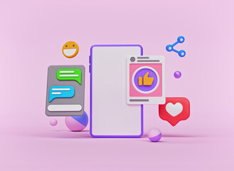 Fototapete - social network Icons with a smartphone. abstract trendy design for social media advertising. modern technology concept. 3d rendering