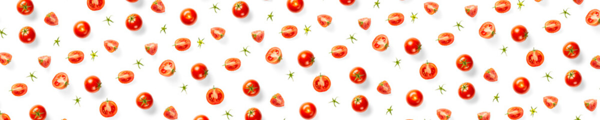 Wall Mural - banner - creative background from red tomatoes. Abstract background. of isolated ripe Tomato on the white background not seamless pattern